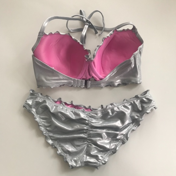 SunDazed 34 DD Bra cup solid silver metallic underwire top set shirred ruffled - Picture 5 of 13
